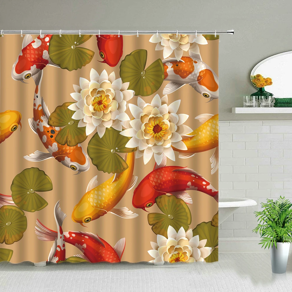 Koi Fish Print Shower Curtain Waves Oil Painting Landscape Bath Screen Waterproof Fabric Background Wall Decor Cloth Curtains