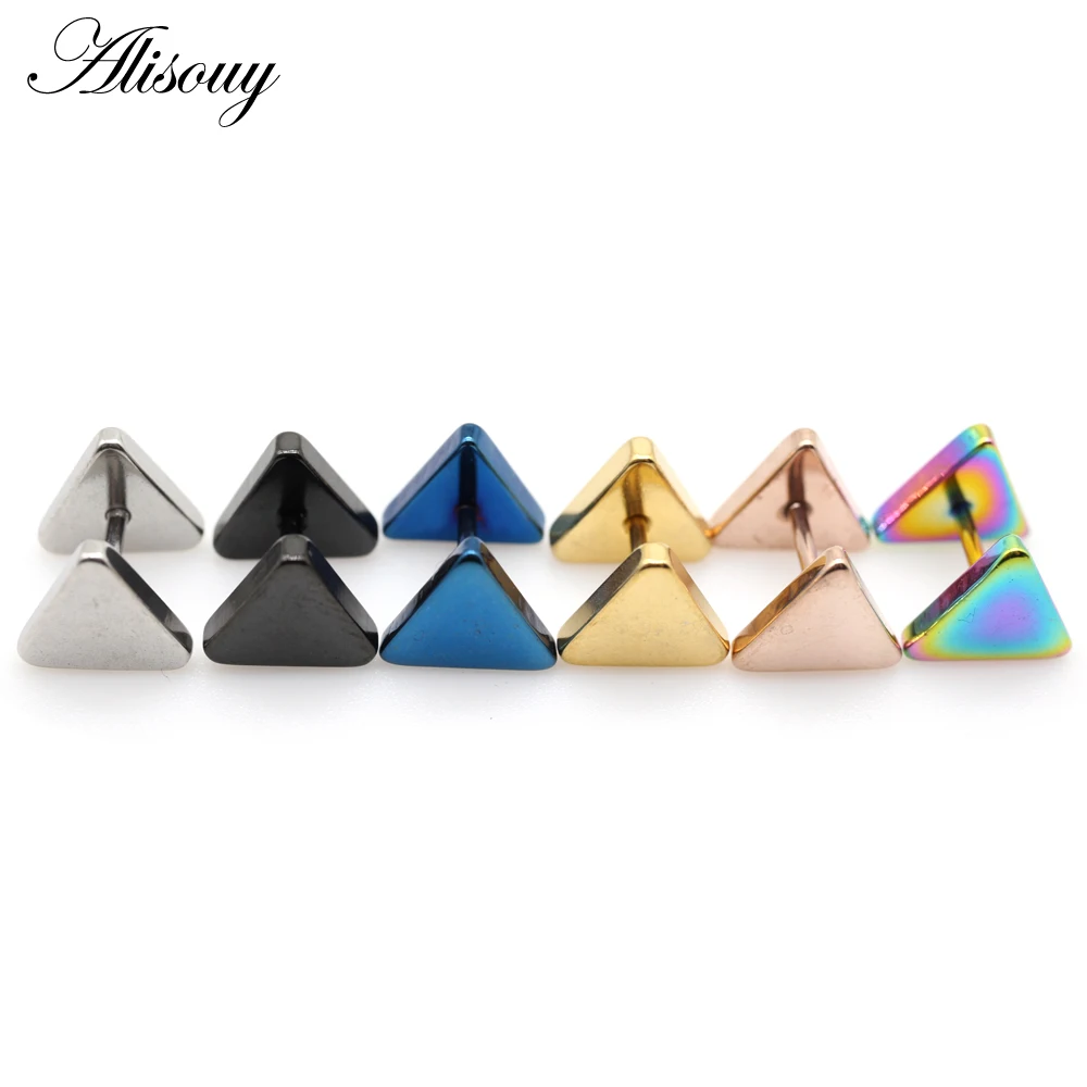 Alisouy 2pcs New Fashion Punk Black Silver Color Geometric Triangle Ear Stud Earrings For Men Women Girls Gift Jewelry Orecchini