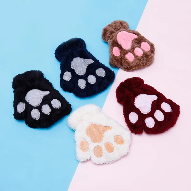 Kids Cute Cat Claw Paw Plush Mittens Warm Soft Plush Short Fingerless Fluffy Bear Cat Gloves Costume Half Finger