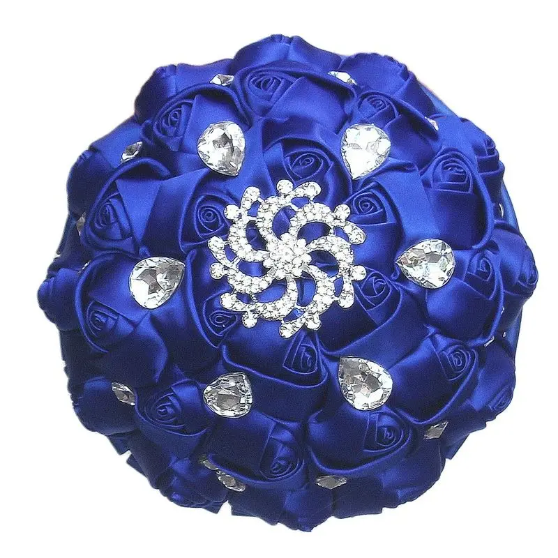 WifeLai-A Gorgeous Wedding Flowers Royal Blue Silk Ribbon Rose Bridal Bouquets Holding Flowers With Crystal buque de noiva W291