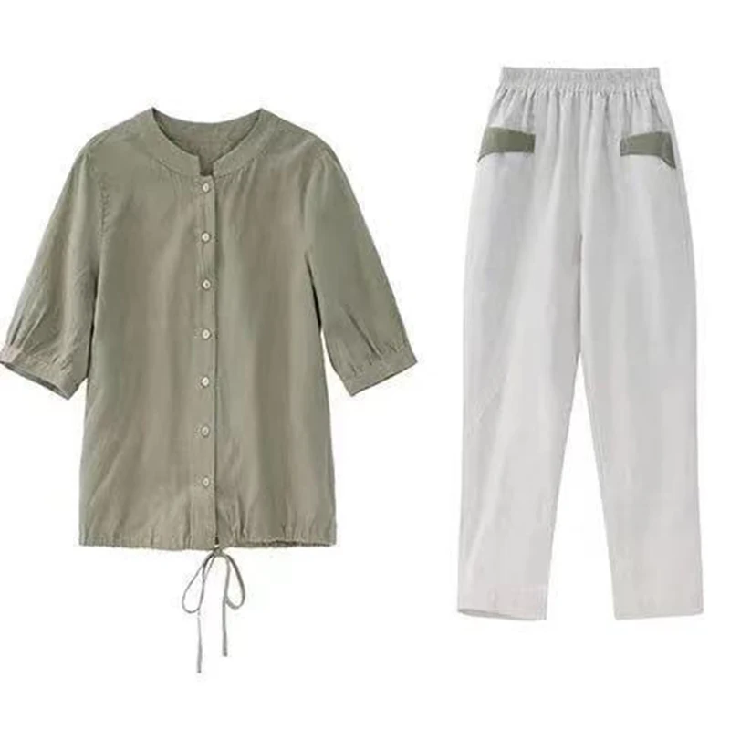 One-Piece/Suit Cotton Linen Women 2024 New Women\'s Short-Sleeved Shirt Nine-Point Pants Two-Piece Female Top Set L658