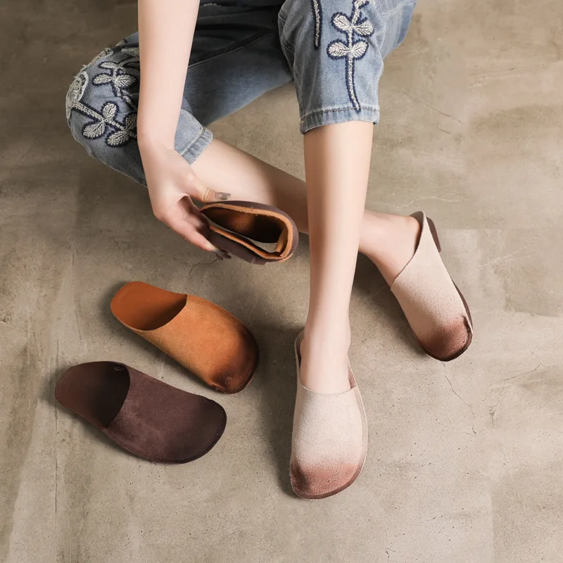 

Women Mules Leather Flat Heels Slippers Home Spring Women Shoes 2019 Soft Bottom SLippers Coffee Handmade Genuine Leather Mules