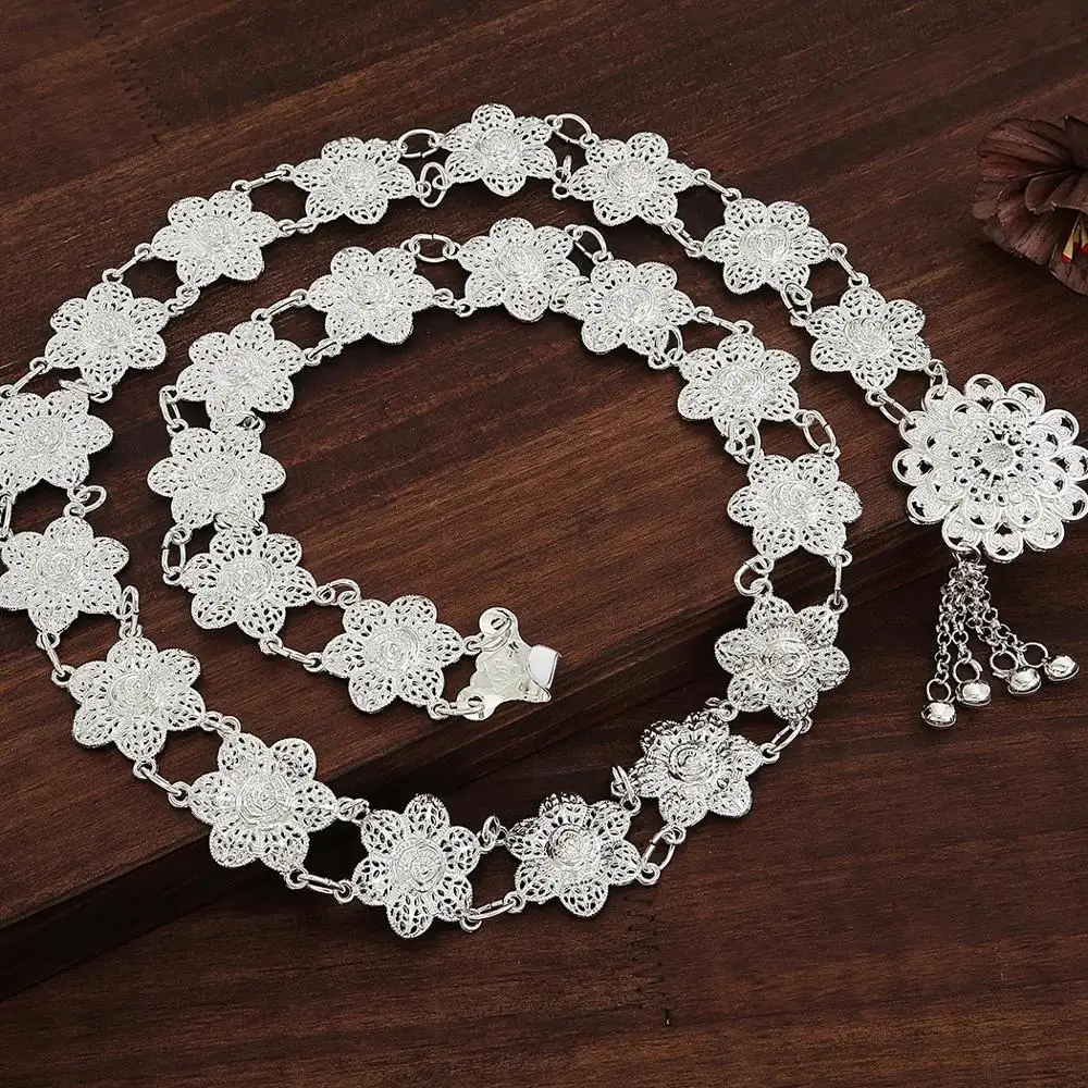 여성용 빈티지 메탈 밸리 웨이스트 체인, 할로우 아웃 플라워 댄스 드레스 벨트 체인, 해변 파티 부족 인디언 쥬얼리 선물