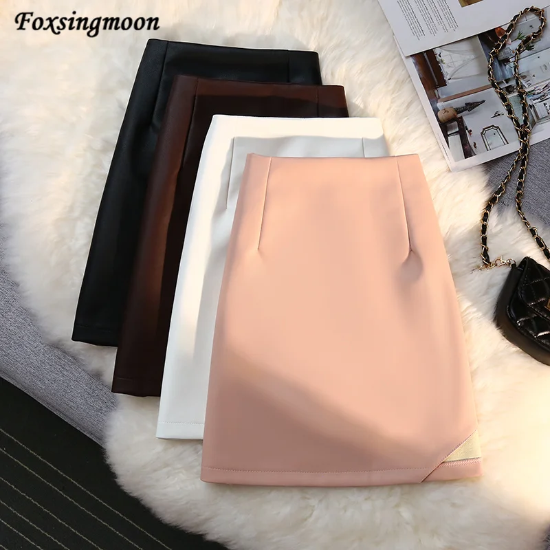 

Women Skirts PU Skirt A-line High-waist Slim Mini Skirts Women Solid Casual Irregular Leather Skirts For Women 2021 Autumn