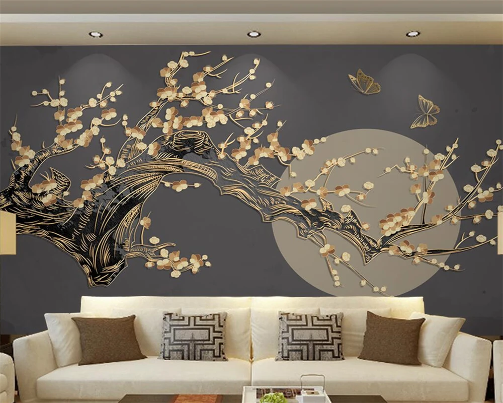 beibehang Customized beautiful new Chinese style plum blossom bright moon light luxury golden embossed line background wallpaper