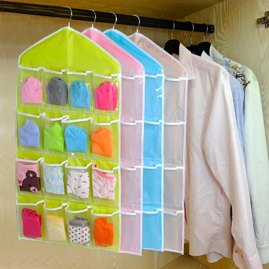 Hot 16Pockets WardrobePockets Clear Hanging Bag Socks Bra Underwear Stationery Rack Hanger Storage Saving Space Tidy Organizer