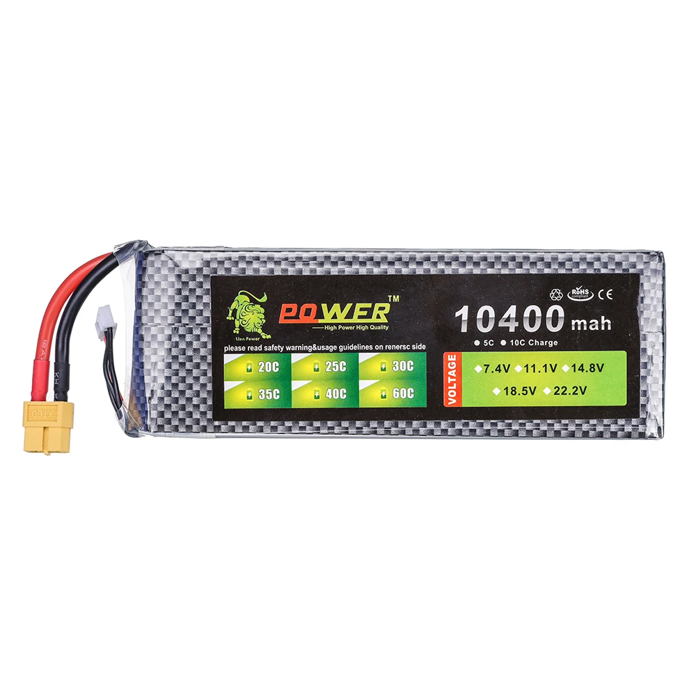 Ultra-high Capacity Lion Power 3S 11.1V 10400mAh Lipo Battery 30C lithium battery T/XT60 Plug For Boat Car Quodcopter Parts