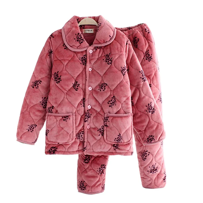 Middle-Aged Women Pajamas Suit Winter Warm Coat Quilted Thicken Pants Nightgown 2 Piece Set Winter Home Service Mother Clothes