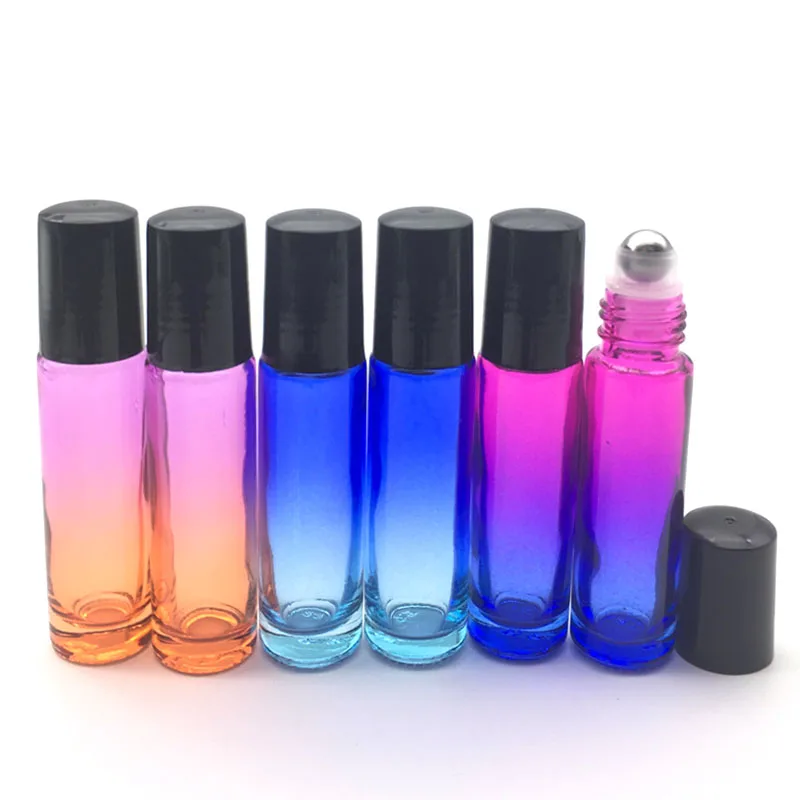 10pcs Empty 10ml Essential Oil Roll Bottle 10cc Gradient Color Perfume Roller on Ball Thick Glass Durable For Travel Free