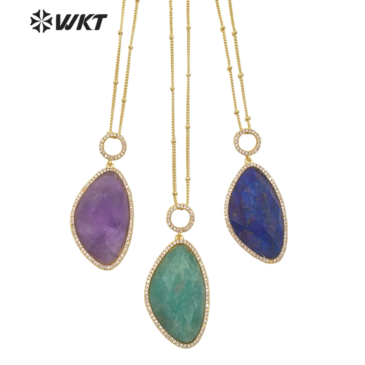 

WT-N1350 Micropave Shiny Zircon Wrapped Natural Gemstones Oval Shape Amethysts Necklace Lapis Necklace Amazonite Crystal Jewelry