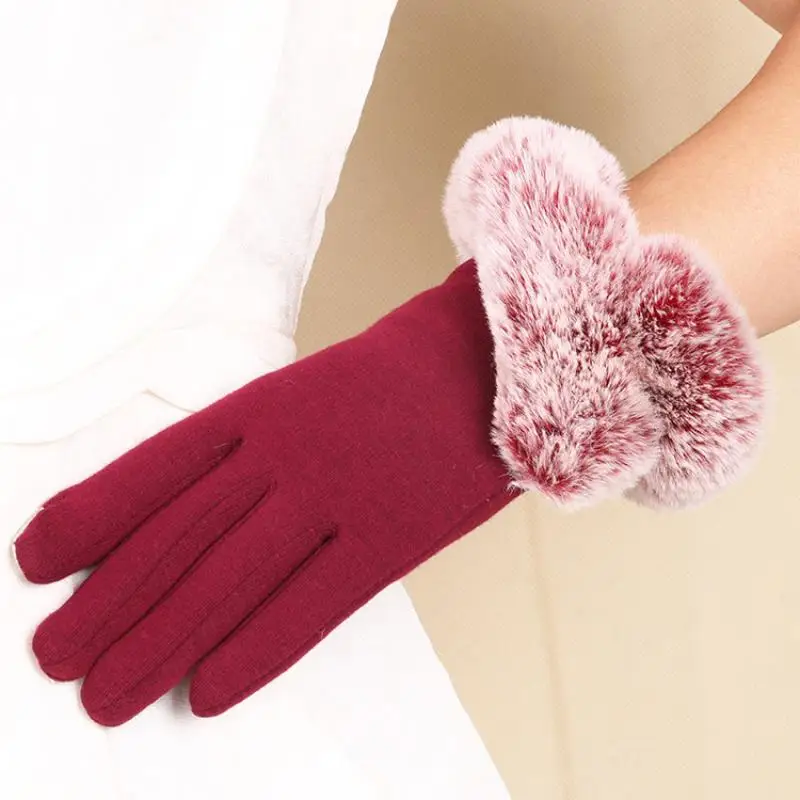 New Winter Ladies Gloves Imitate Rabbit Fur Mouth and Velvet, Riding Non-Fleece Touch Screen Warm and Cold Gloves In Winter