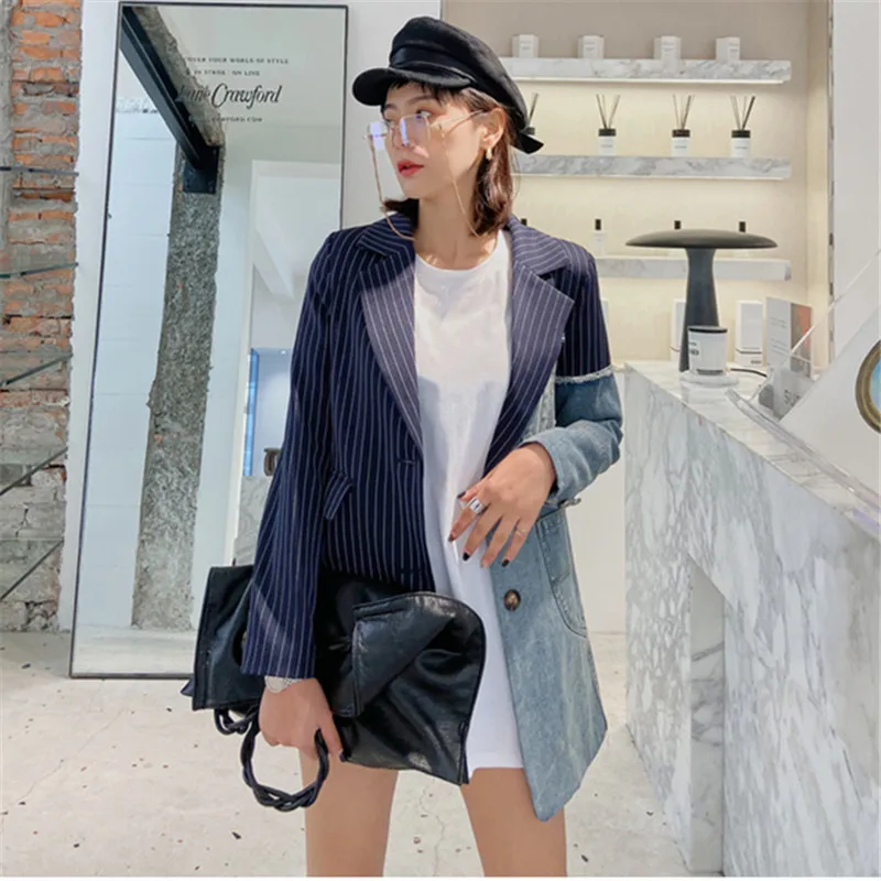 Streetwear Women Stripe Blazers Coat Denim Patchwork Single Breasted Suit Coat Lady Asymmetry Stylish Blazer Jacket High quality