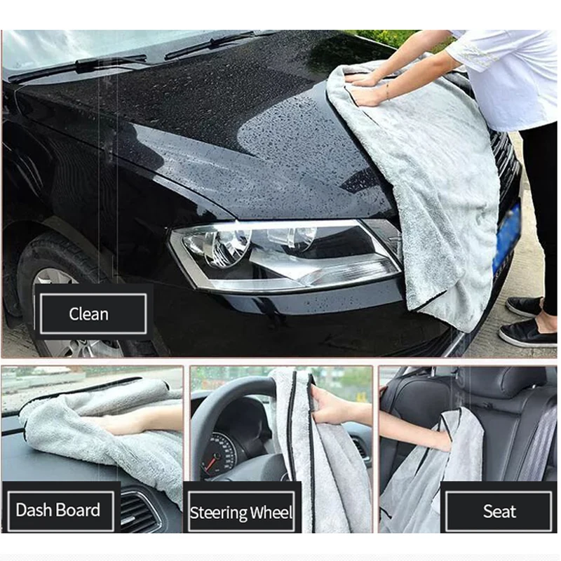 Drying a wet black hood with Microfiber Cloths for Cars.