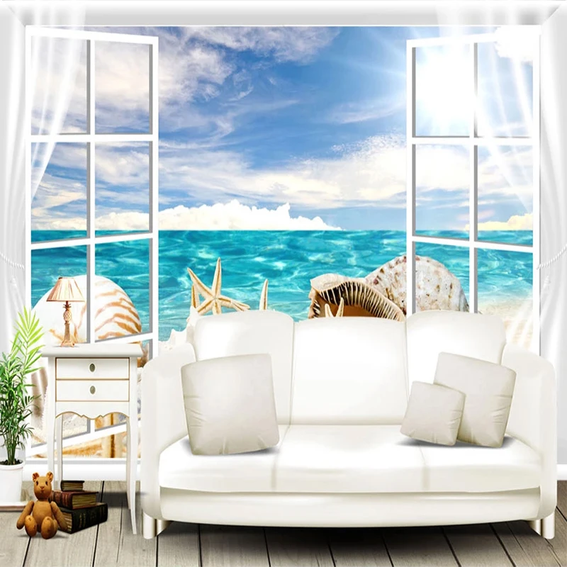 Custom Wallpaper 3D Blue Sea Conch Starfish Window Curtain Murals Living Room Bathroom Sofa TV Backdrop Decor 3D Wall Stickers