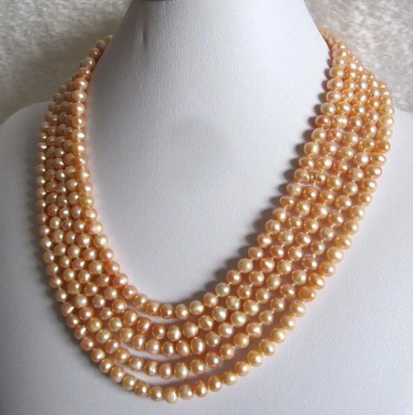 

5 Layers 6-7mm pink pearl necklace natural freshwater pearl Jewelry 43cm 17inch 35cm