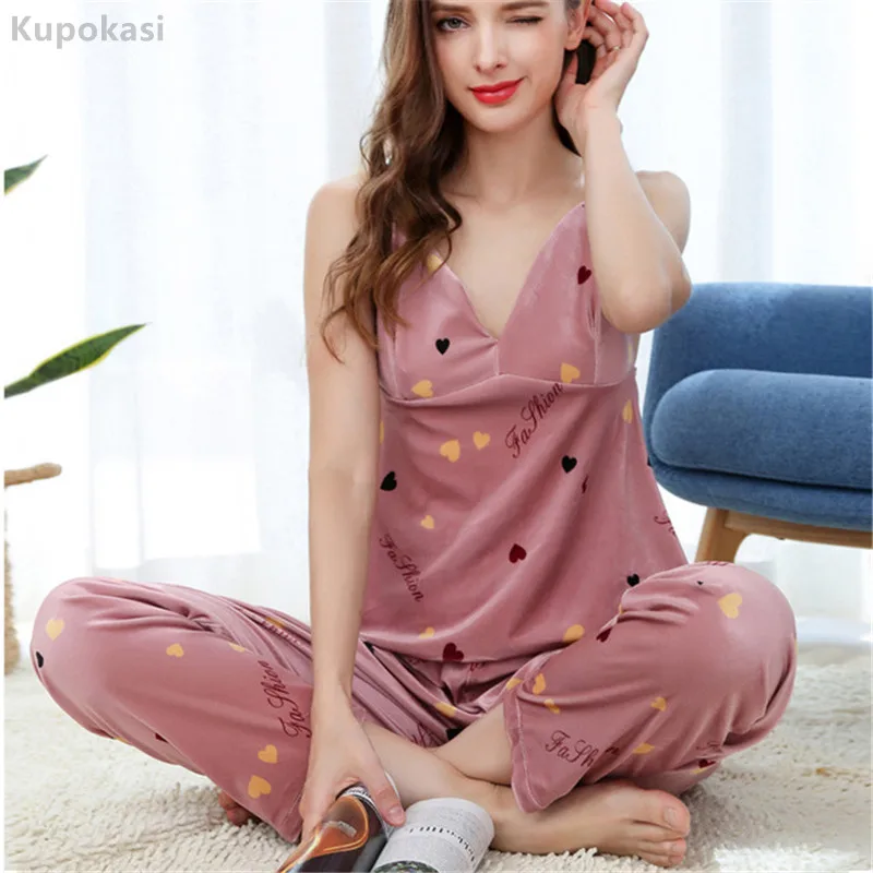 

Kupokasi Velvet Pajamas Set 3 Pieces Women Sleepwear Autumn Winter Sling Elegant Printing Nightwear Warm Robe Suit