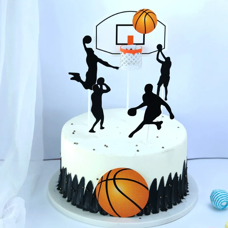 5 pcs Paper glitter basketball Cake Toppers Basketball player cake dessert Adorn card Flags Decor Cake Baking DIY Party Supplies