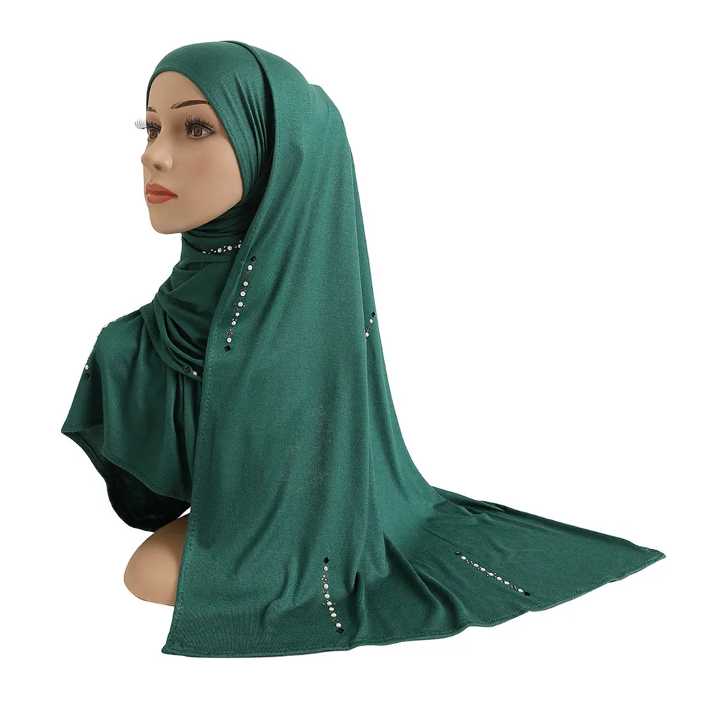 Katun Jersey Wanita Muslim Syal Panjang dengan Rhinestones Modal Jilbab Islami Jilbab Memakai Arab Persegi Panjang Headwrap Wanita Selendang