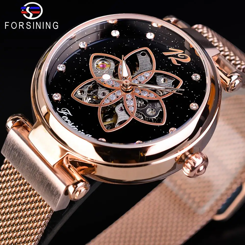 

Forsining Female Watches Diamond Luxuy Mechanical Women Wristwatches Rose Gold Mesh Top Brand Flower Dial 2019 Fashion Clock