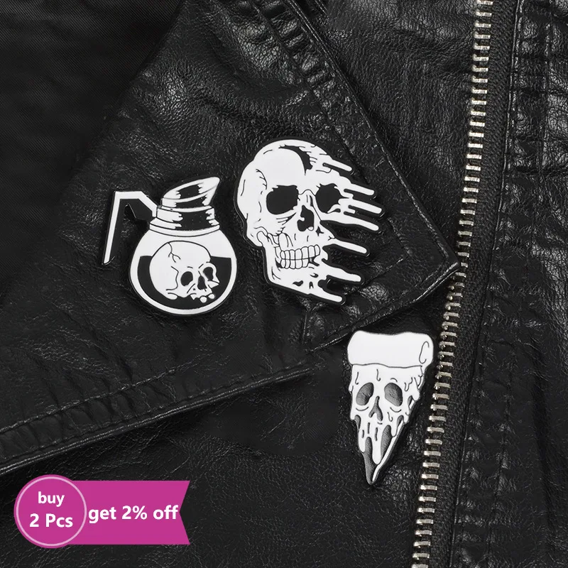 Skull Enamel Pins Brooches Collection Badges Coffee Pot Rose Pizza Skeleton Brooches Gothic Punk Pin Button Gifts For Women Men