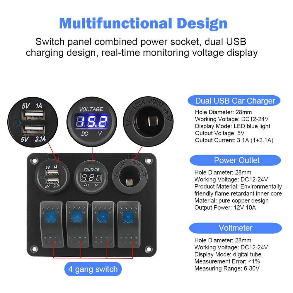 Interior Accessories Digital Voltmeter Dual USB Port DC 12V/24V 4 Gang Aluminum Panel Circuit Breaker LED Rocker Switch Panel