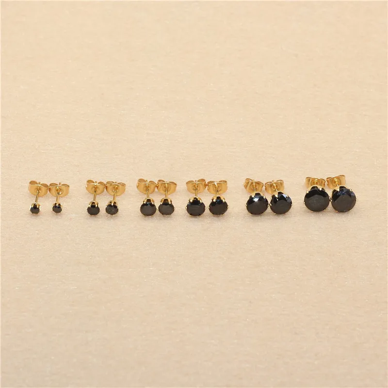 Edelstahl mit AAA-runden, schwarzen Zirkonia-Steinen, Ohrringe für Damen und Herren, vergoldet, hypoallergen, hochwertiger Schmuck. – Detail 4