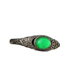 Tibetan Silver Cloisonne Inlaid with Greenstone Jade Bracelet, Old China Handmade