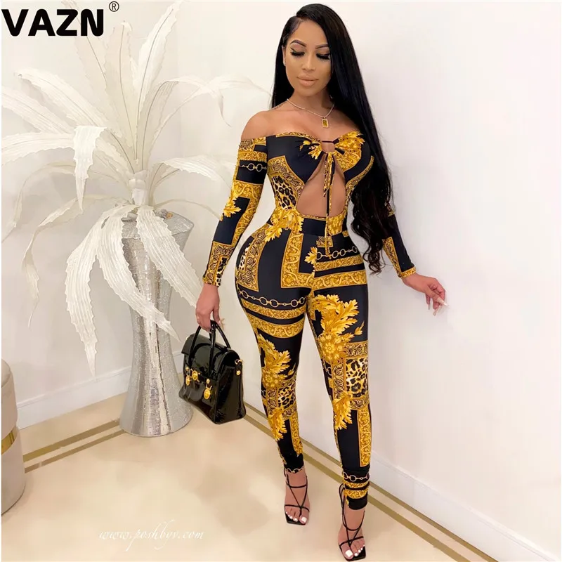 VAZN Hot Sale Women Off Shoulder Fashion Full Sleeve Party Beach Bandage Jumpsuits Robe Full Pant Rompers