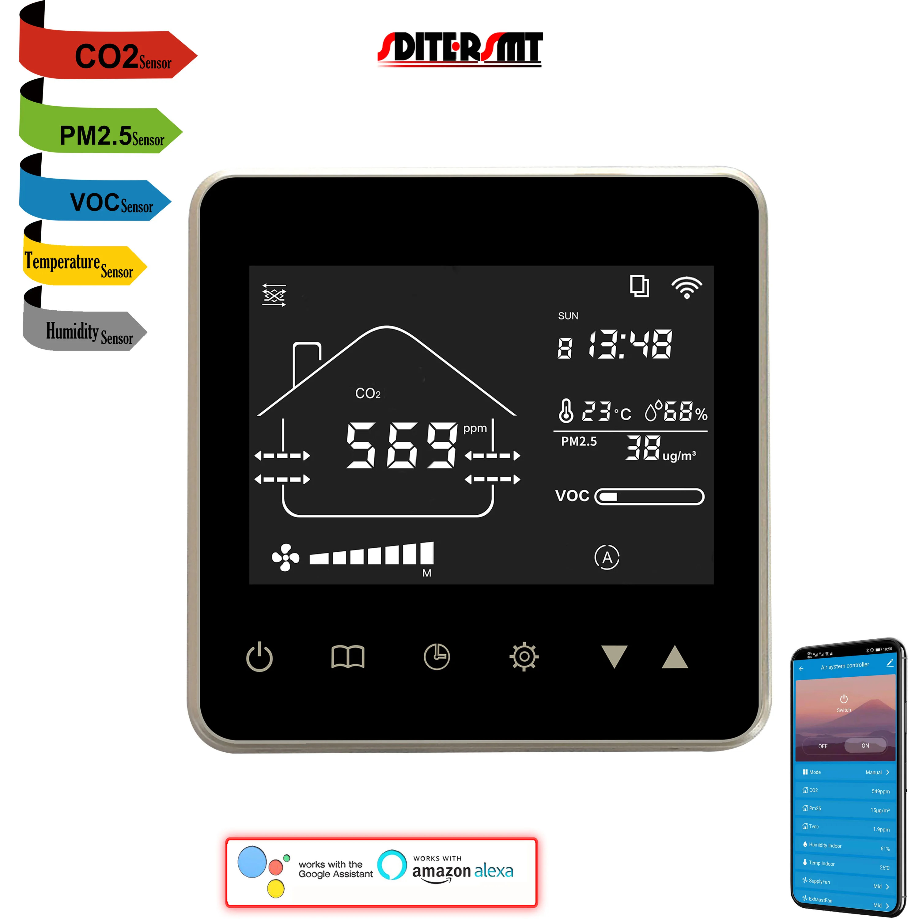 Sensor de Umidade e CO2 WiFi, Monitor, Detector, Controlador, Sistema de Ventilação Doméstica, 5-em-1, PM2.5, Temp VOC, RS485, TUYA, 3 velocidades
