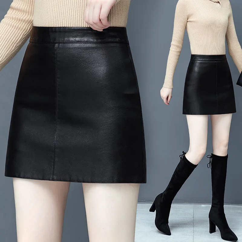 2020 Leather Skirt  Autumn New High Waist Thin A-line Skirt Fashion Pack Buttocks PU Leather Short Skirt