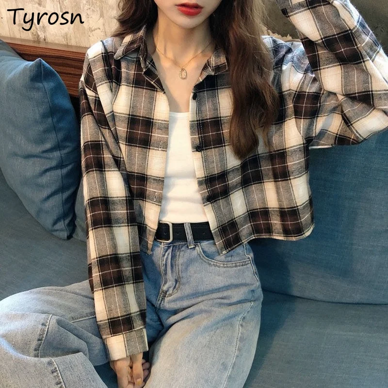 Plaid Shirts Women Design Panelled Single Breasted Outwear Korean Fashion New Arrival Straight Long Sleeve Cropped Blouses Mujer