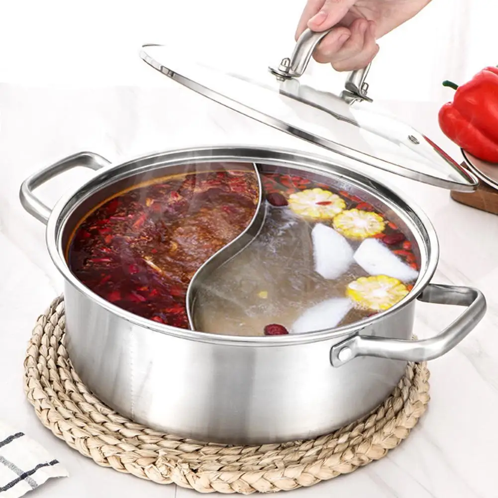 

Stainless Steel Pot Two-flavor Hot Pot Yin Yang Hot Pot With Glass Lid Kitchen Soup Cooking Pot For Induction Cooker Gas Stove