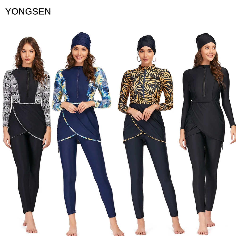 YONGSEN 2022 Women Plus Size Muslim Swimsuit Burkini Modest Clothing Islamic Long Sleeves Muslimah Hijab Full Cover Swimwears