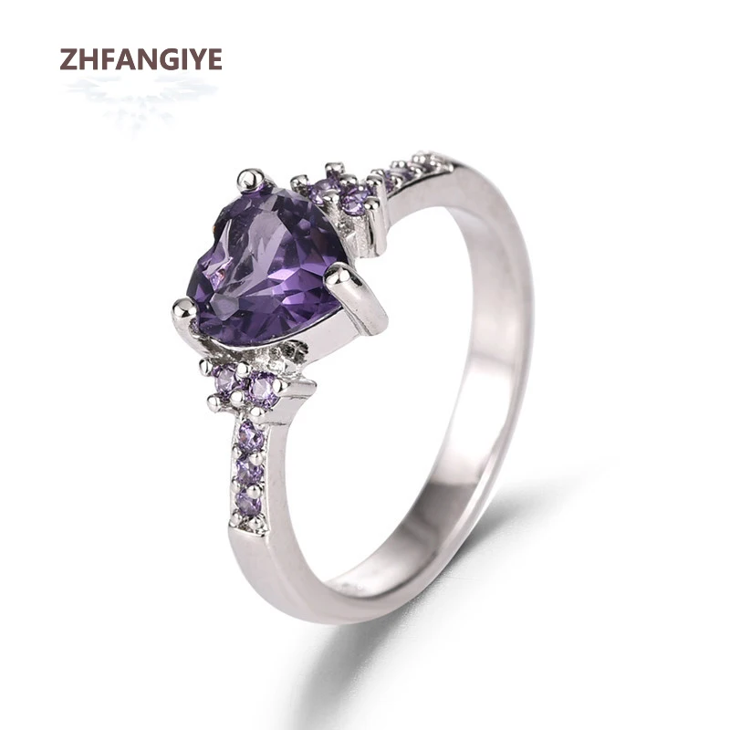 Heart Ring 925 Silver Jewelry with Purple Zircon Gemstone Finger Rings for Women Wedding Promise Bridal Party Gift Accessories