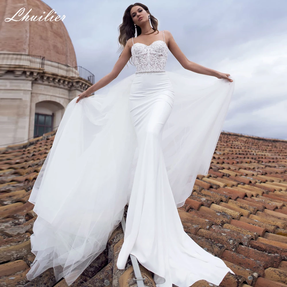 Lhuilier Elegante Meerjungfrau Satin Hochzeit Kleider Ärmellose Spitze Appliques Bodenlangen Brautkleider mit Abnehmbaren Zug