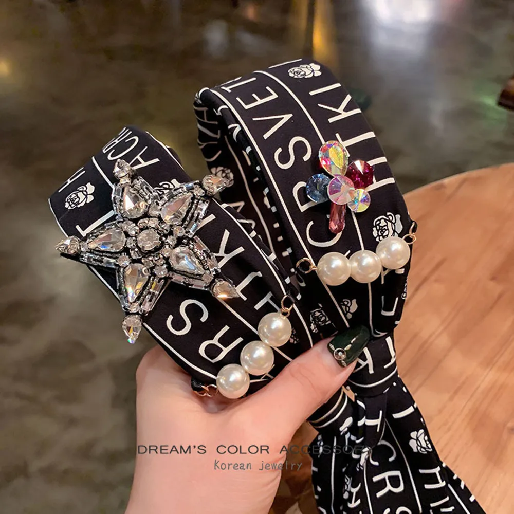

Luxury Black Pearl Rhinestone Star Wide Hair Hoop Headband Headwear Hair Accessories for Women Vintage Crystal Letter Hairband