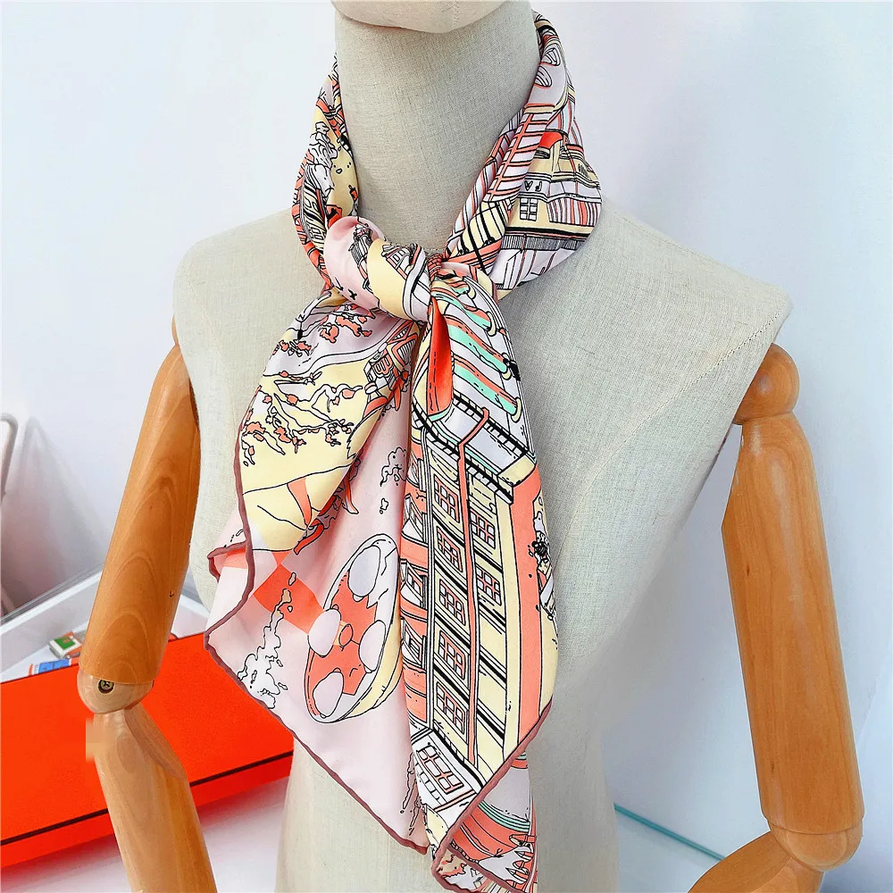 90cm Hand Rolled Bustling Street Print Twill Silk Square Scarf Women Shawl Brand Hijab Scarf Foulard Head Scarves Design Bandana