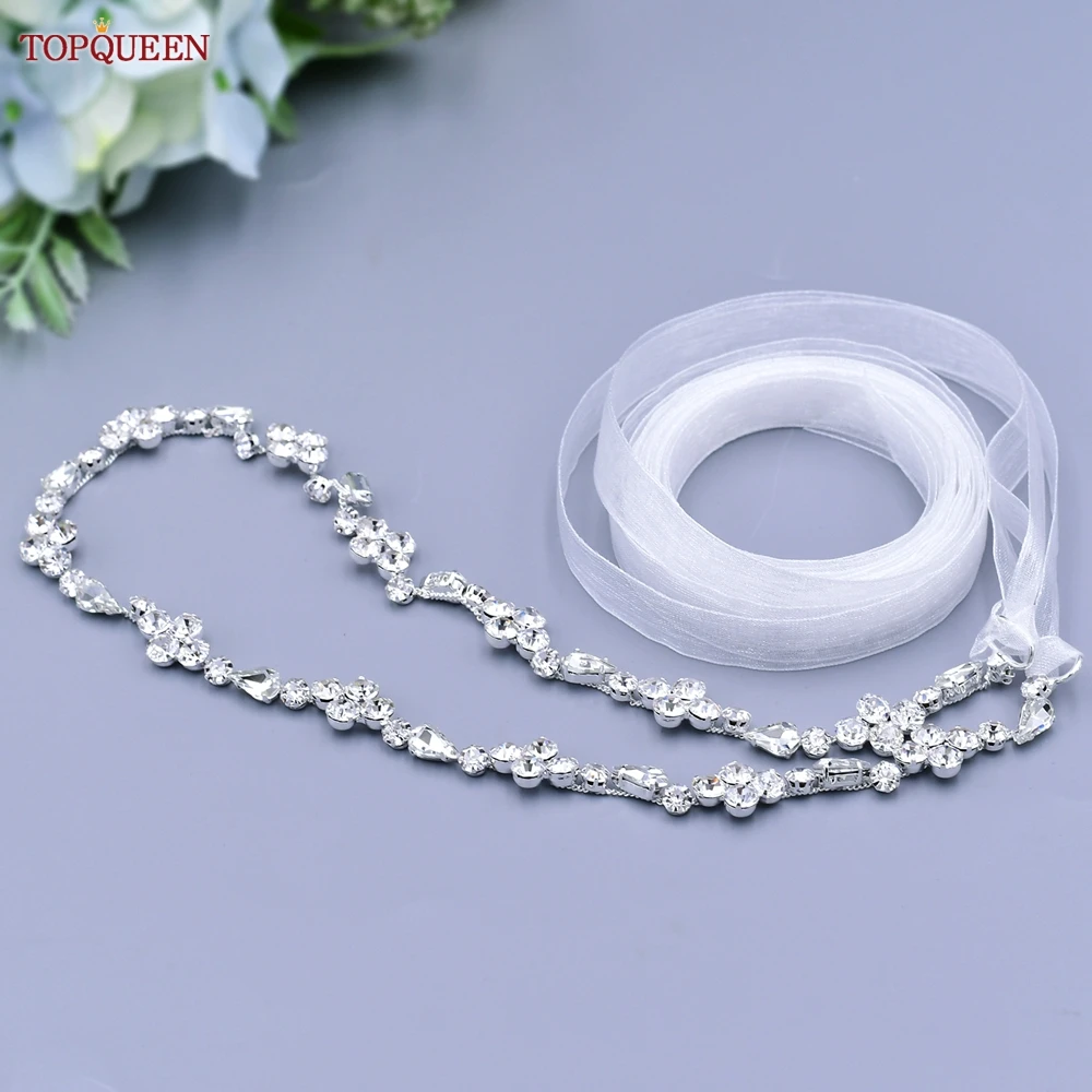 TOPQUEEN S305 Silver Waist Chain Belt for Wedding Bridal Belt Formal Dresses Sash Organza Wedding Belt with Crystals Rhinestone