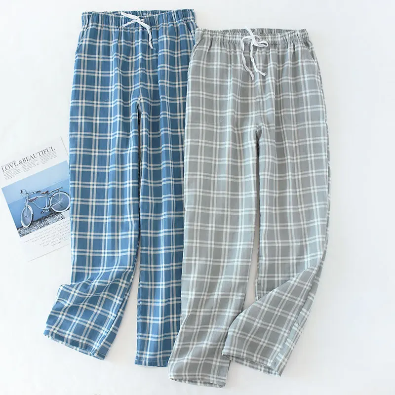 Men\'s Cotton Gauze Trousers Plaid Knitted Sleep Pants Mens Pajamas Pants Bottoms Sleepwear Pajama Short for Men Pijama Hombre