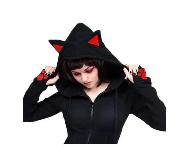 Women Sweatershirt Autumn Winter Cat Ears Zipper Hoodies Female Casual Hoodies Long Sleeve Black Hoody High Quality