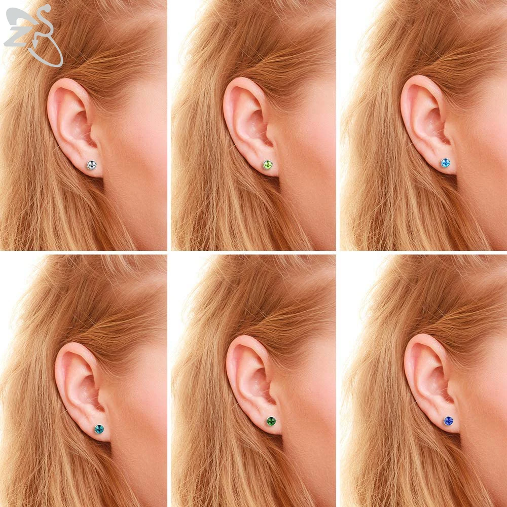 ZS 12 Pair/lot Colorful Cubic Zirconia Round Stud Earring Set For Women Children Stainless Steel Helix Conch Tragus Piercing 20g