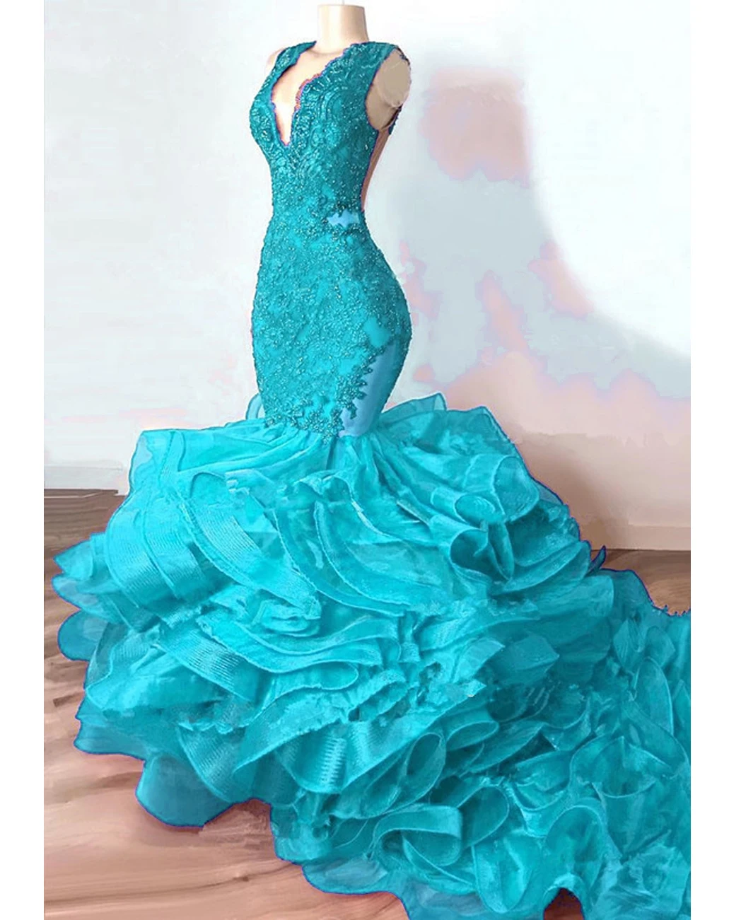 Precioso vestido de fiesta de sirena azul real, traje de lujo de encaje con cuentas y volantes, cola de volantes, vestido de noche cerrado africano con cordones, 2023