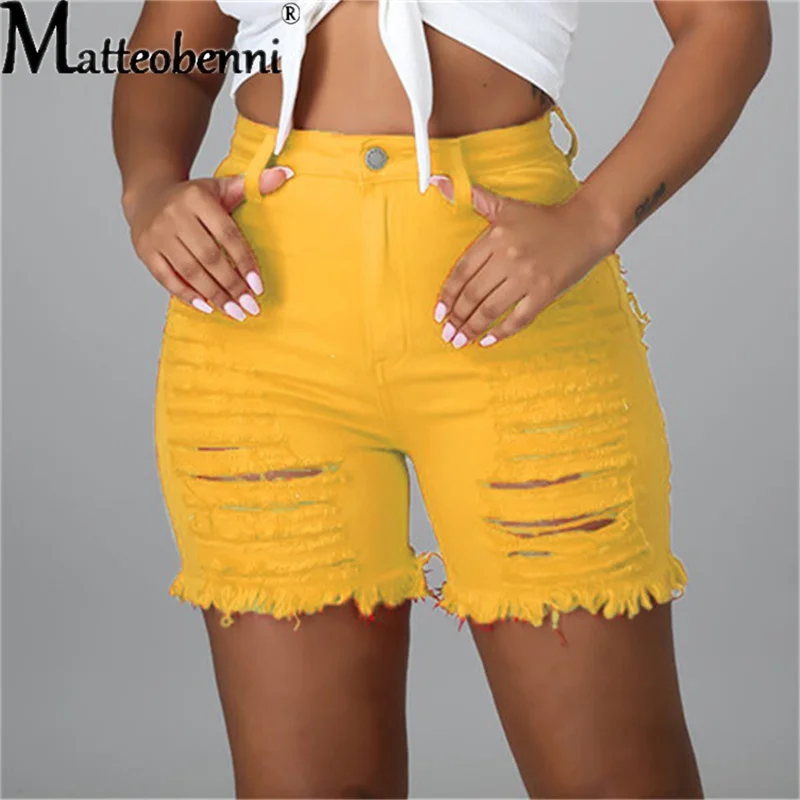 2021 Blue Ripped Cut Out Denim Shorts With Tassel Women Streetwear High Waist Hollow Out Sexy Hole Jean Shorts Female