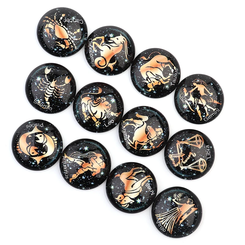 

10pcs Twelve Constellations English Notes Pattern 10/12/14/18/20/25mm Round Dark Glass Cabochon For DIY Jewelry Making Necklace