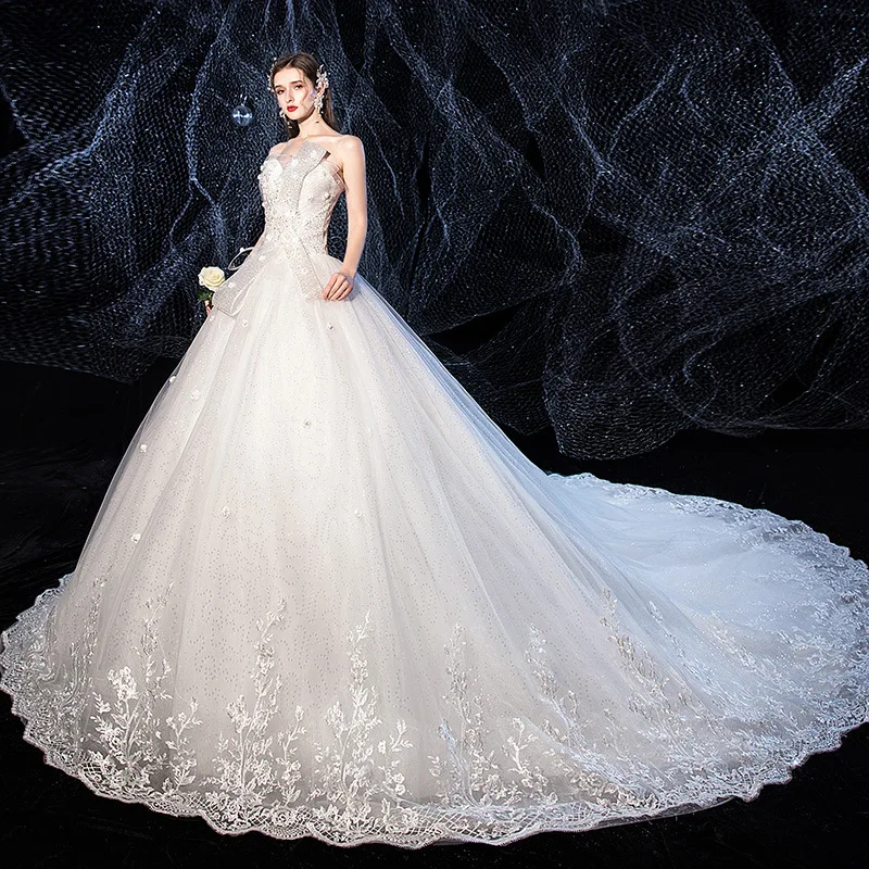 2022 Elegant Strapless Wedding Dress Luxury Lace Embroidery Sequin Wedding Gown Vestido De Noiva With Train Princess Bride Dress