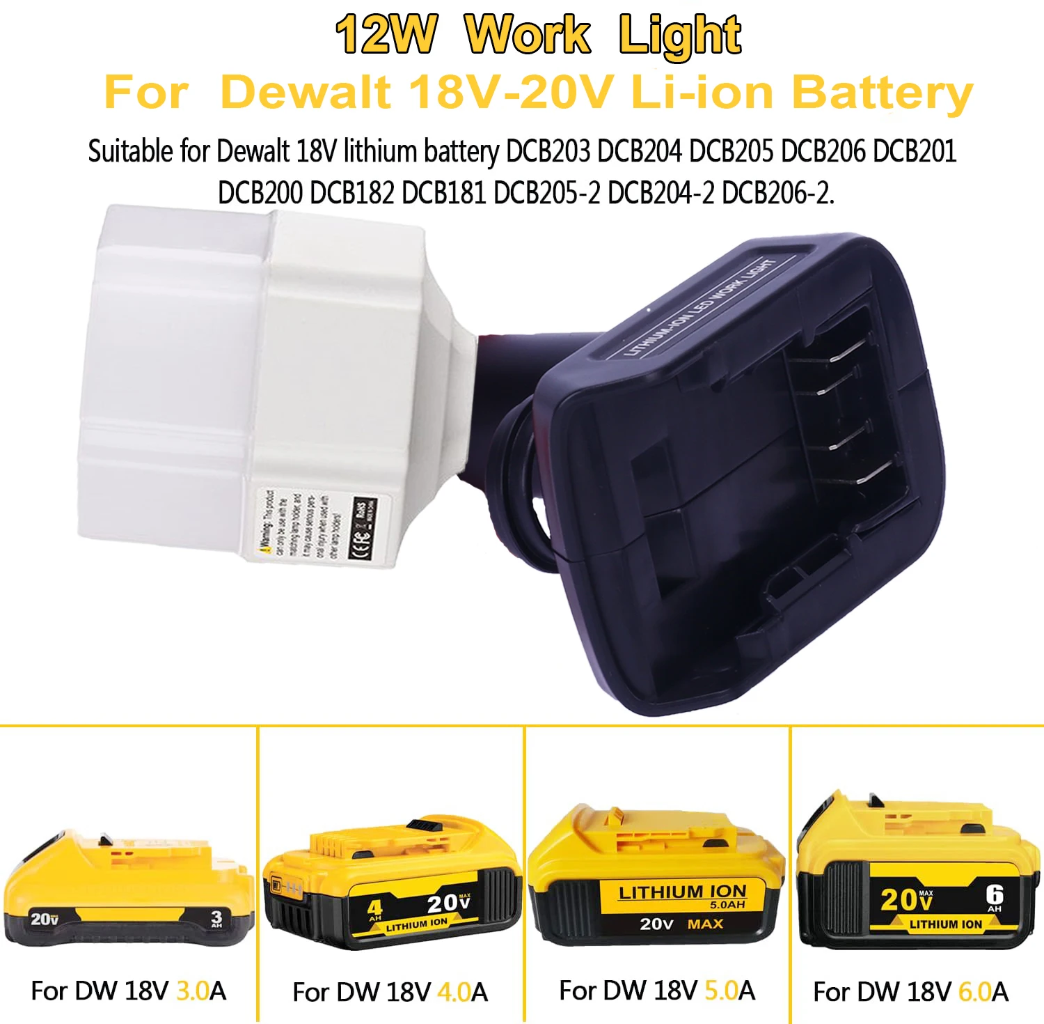 Dimmable Portable LED Camping Light Luz interior de trabalho de emergência, Bateria pode ser usada para Dewalt, 12W, DCB203, DCB