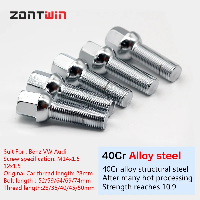 16/20 Stück Auto-Alufelgen-Schrauben für Benz-Audi-VW Golf 4/5/6/7 A4/A5/A6 TT Gewindelänge 28/35/40/45/50 mm M14 X 1,5