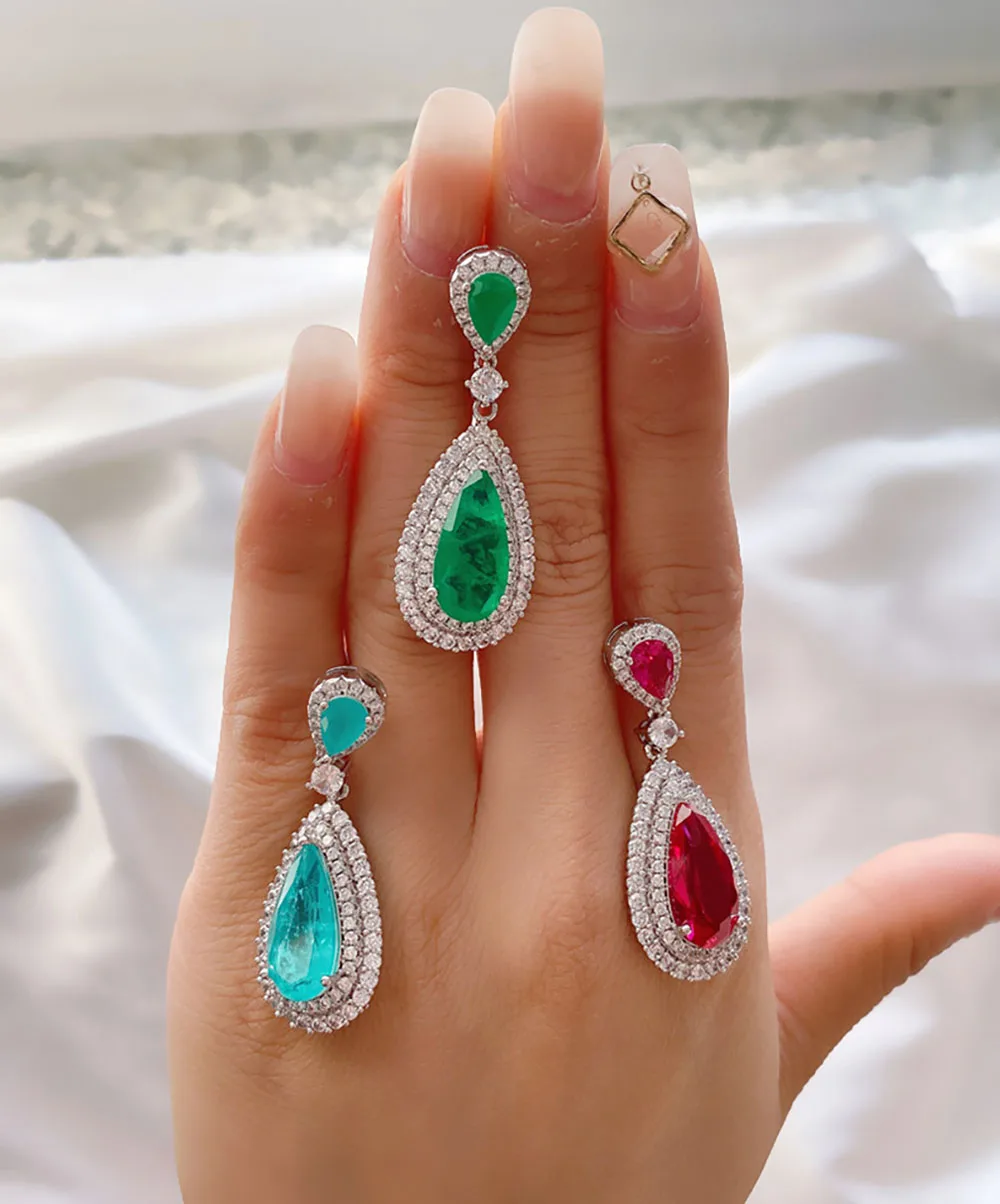 KNRIQUEN 8*16MM Water Drop Paraiba Tourmaline Emerald Lab Diamond Ruby Drop Earrings Vintage Wedding Gemstone Jewelry Women Gift