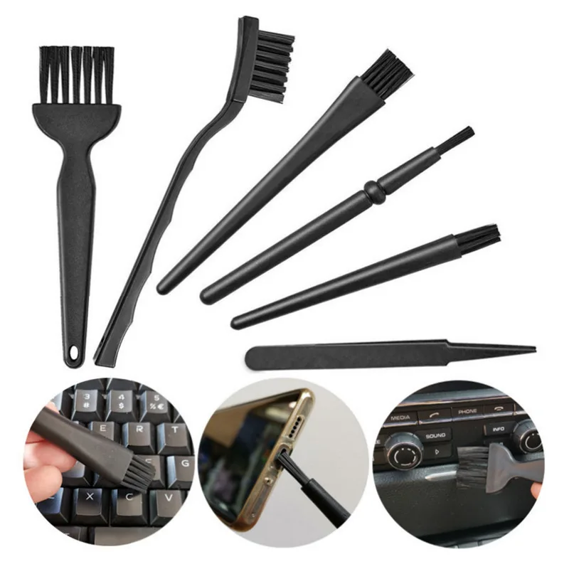 6pcs/Set Black Anti-static Brush Portable Handle Cleaning Keyboard Brush Kit with Tweezers Computer Mobile Phone Automobile Gap