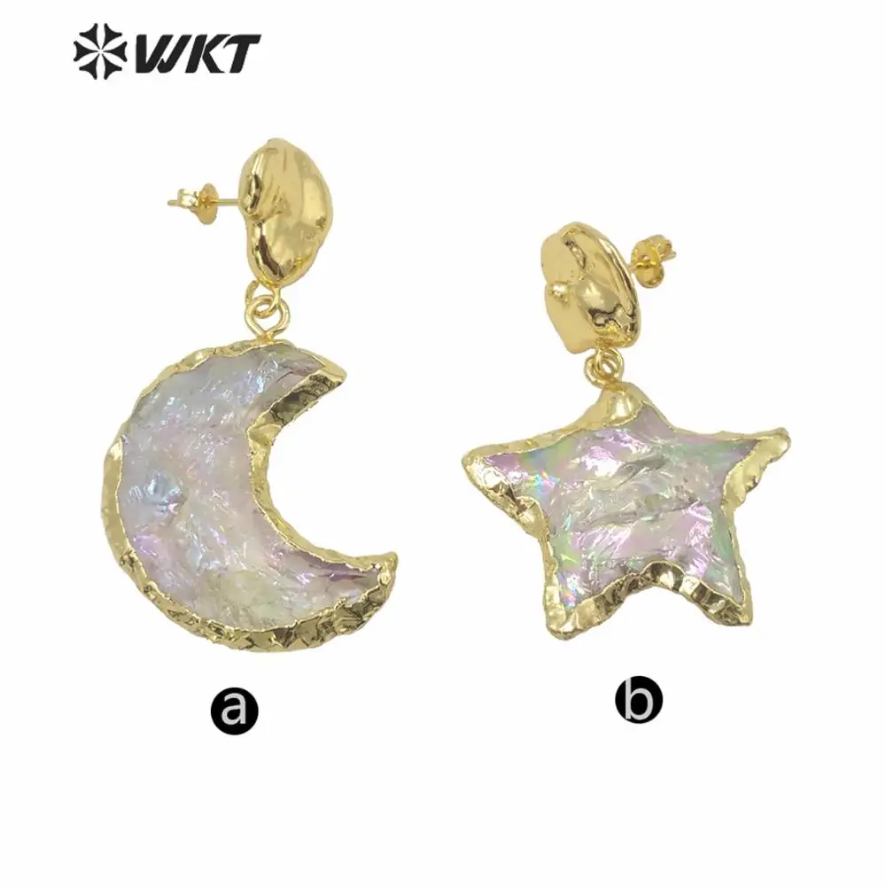 WT-E633 WKT Exclusive Natural Handmake Raw Crystal Quartz AURA Moon Earrings Fashion Gold Electroplated Stone Star Decoration